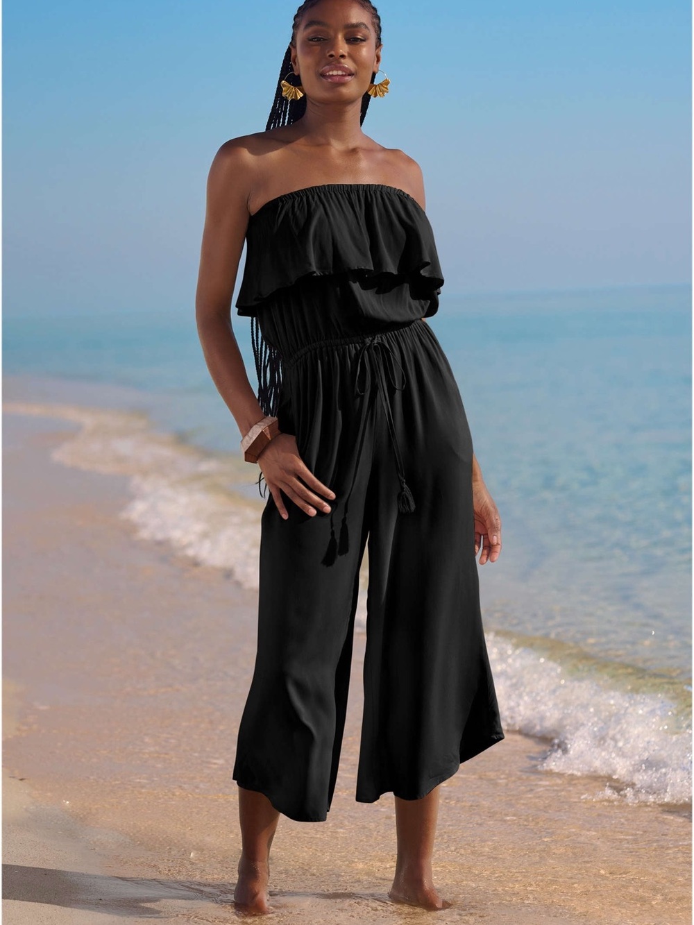 VENUS Black Strapless Ruffle Jumpsuit with Drawstring Waist NWOT 2X